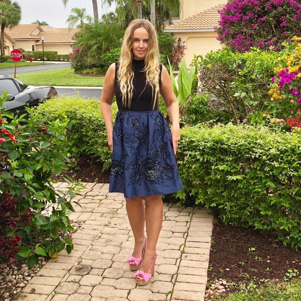 Adrianna Papell Navy Black Sequin Floral Dress 2